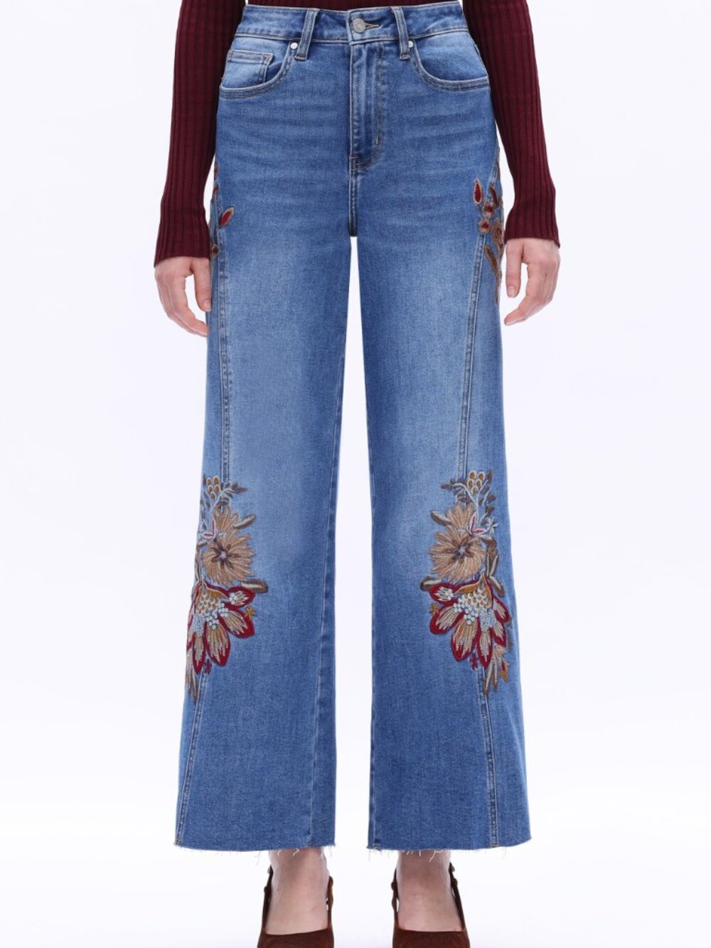 NWT Bayeas High Rise Floral Embroidered Wide Leg Jeans in Medium Blue